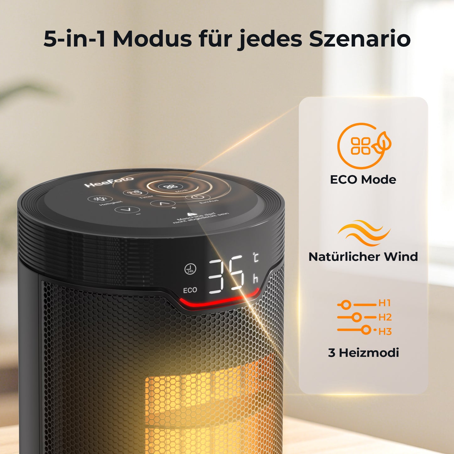 Heefoto 1500W ECO Heizlüfter Klein – Energiesparend & Leise