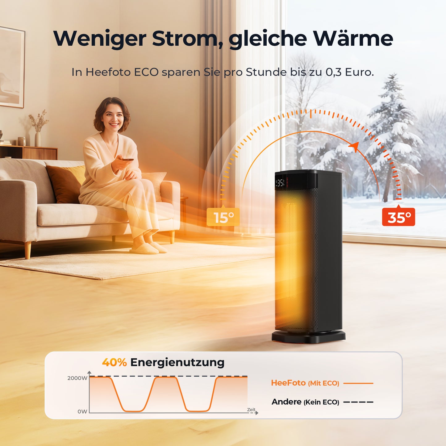 Heefoto ECO Heizlüfter 2000W – Energiesparend & Leise